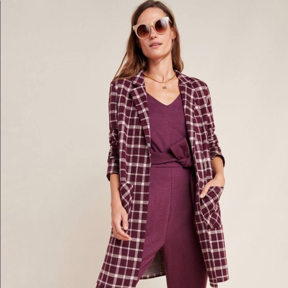Maroon plaid long blazer